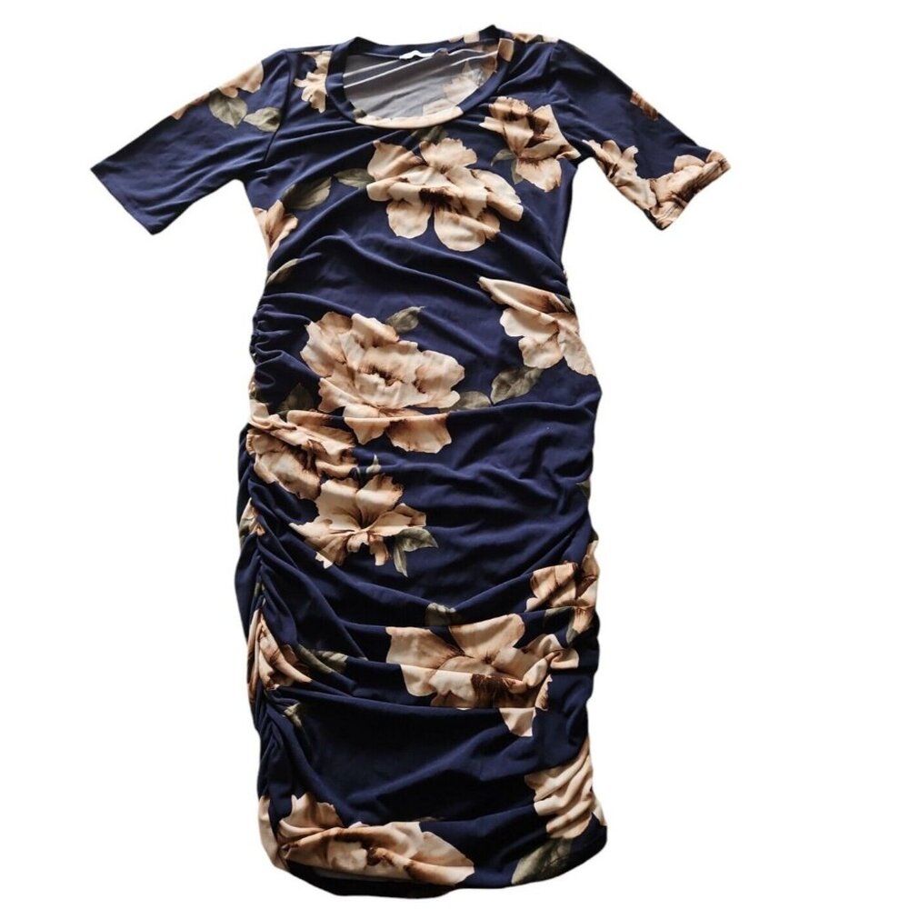 My Bump Womens Maternity Size Small Blue Floral Ruched Dress